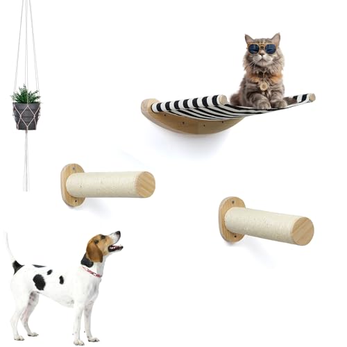LCTROS Katzenhängematte Wandmontage mit 2 Stufen Holz Katzenwandmöbel Katzenwandregale und Sitzstangen Set zum Spielen, Schlafwand Katzenregale (Schwarz und Weiß Hängematte) von LCTROS
