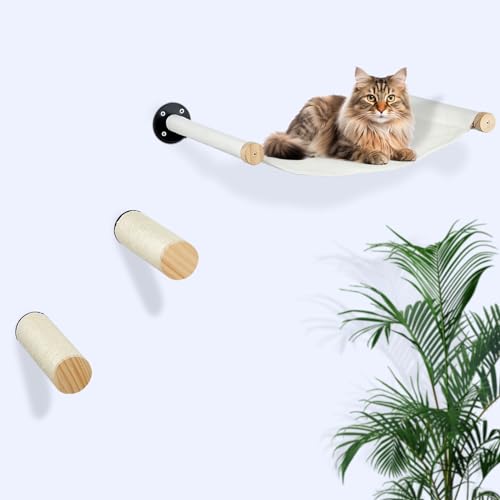 LCTROS Katzenhängematte Wandmontage mit 2 Stufen Holz Katzenwandmöbel Katzenwandregale und Sitzstangen Set zum Spielen, Schlafwand Katzenregale (Weiße Hängematte) von LCTROS