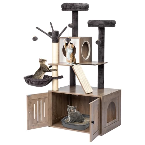 LEADZM Katzenbaum mit Katzenklo Schrank, 137 cm hoch, Integrierte 2-in-1-Struktur - Multifunktionaler Katzenkratzbaum - Mit Sisalsäule und Plüschball, Graubraun von LEADZM