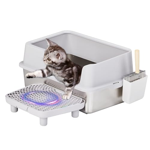 LEADZM Katzenklo XXL, Halbgeschlossen katzentoilette Edelstahl, Mit Katzenstreumatte und Katzenstreuschaufel, 61 x 40 x 33 cm, Grau von LEADZM