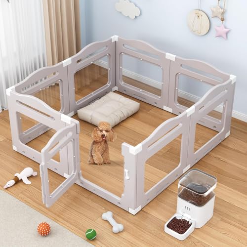 Laufgitter für Hunde, Acryl, für Welpen, Katzen, kleine Haustiere, 17,9 m², 129 cm L x 129 cm B x 60 cm H, transparenter Laufstall für Katzen, Kaninchen, Frettchen, Hundezaun, Käfig (Aprikosengrau, 8 von LEAGIM