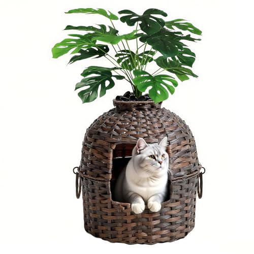 LEEJARD Katzenklo XXL – Versteckte Katzentoilette aus handgeflochtenem Rattan mit Pflanze, geräumig & stilvoll, ideal für große Katzen, wohnzimmertauglich – Braun von LEEJARD