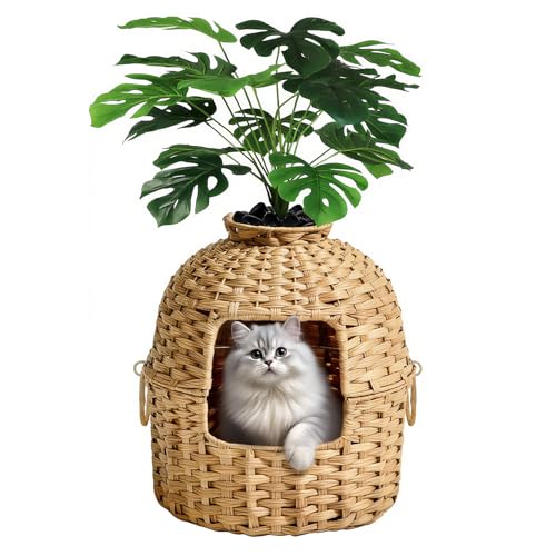 LEEJARD Katzenklo XXL – Versteckte Katzentoilette aus handgeflochtenem Rattan mit Pflanze, geräumig & stilvoll, ideal für große Katzen, wohnzimmertauglich – Natur von LEEJARD