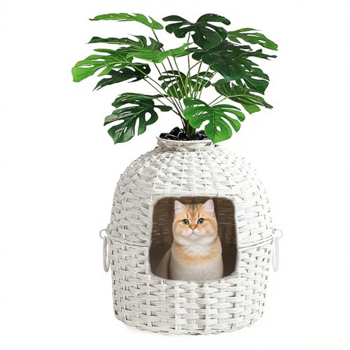 LEEJARD Katzenklo XXL – Versteckte Katzentoilette aus handgeflochtenem Rattan mit Pflanze, geräumig & stilvoll, ideal für große Katzen, wohnzimmertauglich – Weiß von LEEJARD