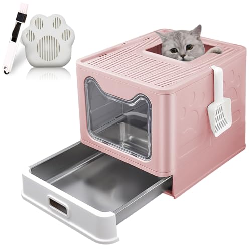 LEEJARD Katzenklo mit Deckel, ausziehbares Edelstahl Tablett und Katzenklo Schaufel, hop in Katzenklo XXL Katzentoilette geschlossen geräumig katzenklo groß. Pink von LEEJARD