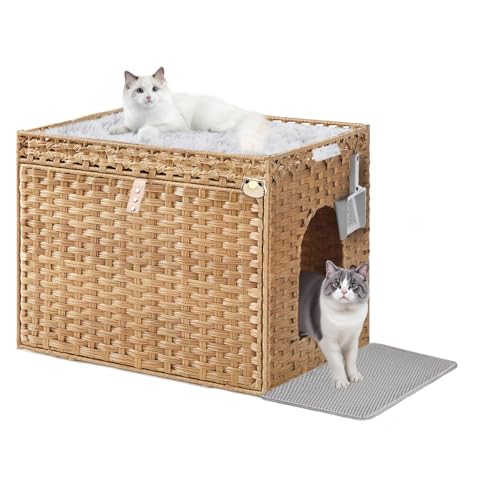 LEEJARD Katzenklo: Versteckte Katzentoilette aus Rattan in Möbeloptik mit auslaufsicherer Katzenklo-Matte für leichtere Reinigung – natürliches Design für Schlafzimmer & Wohnzimmer (Herbstgelb) von LEEJARD