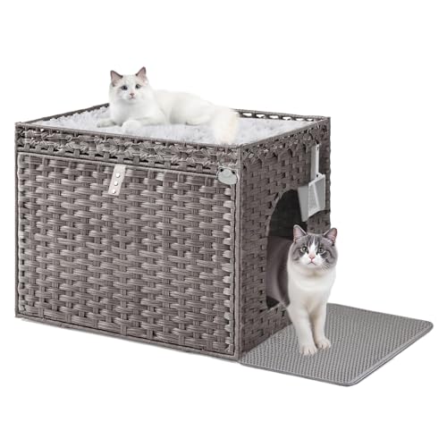 LEEJARD Katzenklo: Versteckte Katzentoilette aus handgeflochtenem Rattan in Möbeloptik mit Anti-Auslauf Katzenklo Matte Leichtere Reinigung, – natürliches Design für Schlafzimmer & Wohnzimmer(Grau) von LEEJARD