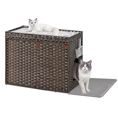 LEEJARD Katzenklo: Versteckte Katzentoilette aus handgeflochtenem Rattan in Möbeloptik mit Anti-Auslauf Katzenklo Matte Leichtere Reinigung, – natürliches Design für Schlafzimmer & Wohnzimmer (Braun) von LEEJARD