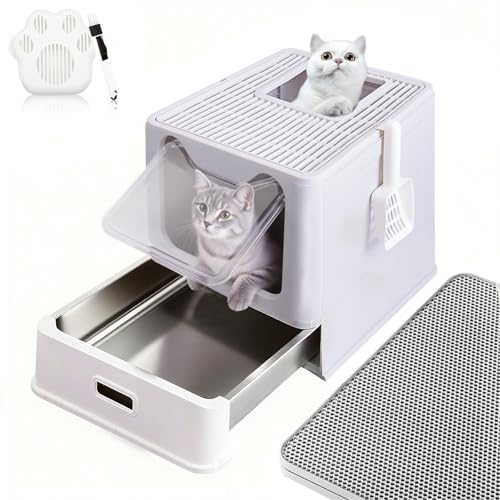 LEEJARD Katzentoilette, Edelstahl Katzenklo mit Deckel und ausziehbares Tablett, Hop in Katzenklo XXL mit Katzenklo Matte & Schaufel für Katzen bis 15 kg, Leichtere Reinigung, auslaufsicher LEEJARD Katzentoilette, Edelstahl Katzenklo mit Deckel und ausziehbares Tablett, Hop in Katzenklo XXL mit Katzenklo Matte & Schaufel für Katzen bis 15 kg, Leichtere Reinigung, auslaufsicher von LEEJARD