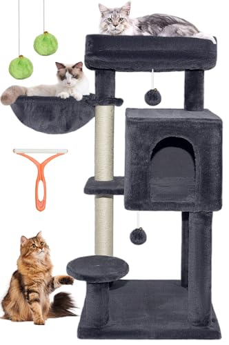 LEEJARD Kratzbaum, 95cm Hoch Katzenbaum mit Große Plattformen2 Sisalstämme, Höhle, Korb, Plüschbälle, Hängematte, Katzenbürsten und Kippschutz für 10 kg Katzen von LEEJARD