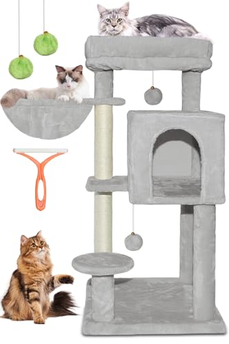LEEJARD Kratzbaum, 95cm Hoch Katzenbaum mit Große Plattformen2 Sisalstämme, Höhle, Korb, Plüschbälle, Hängematte, Katzenbürsten und Kippschutz für 10 kg Katzen von LEEJARD