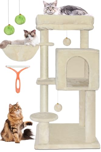 LEEJARD Kratzbaum, 95cm Hoch Katzenbaum mit Große Plattformen2 Sisalstämme, Höhle, Korb, Plüschbälle, Hängematte, Katzenbürsten und Kippschutz für 10 kg Katzen von LEEJARD