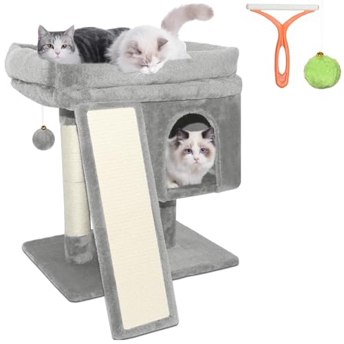 LEEJARD kratzbaum klein, Katzenbaum mit Große Plattformen, Sisalstämme, Kratzrampe, Katzenhaus, Plüschbälle und Katzenbürste für Große Katzen von LEEJARD