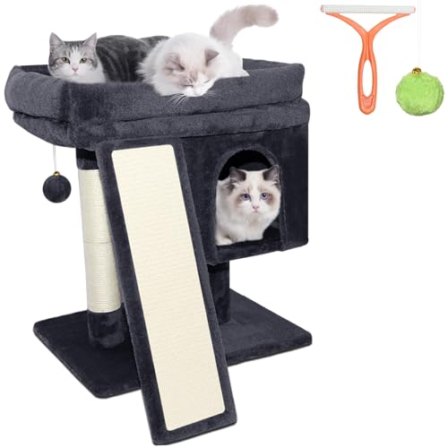 LEEJARD kratzbaum klein, Katzenbaum mit Große Plattformen, Sisalstämme, Kratzrampe, Katzenhaus, Plüschbälle und Katzenbürste für große Katzen von LEEJARD