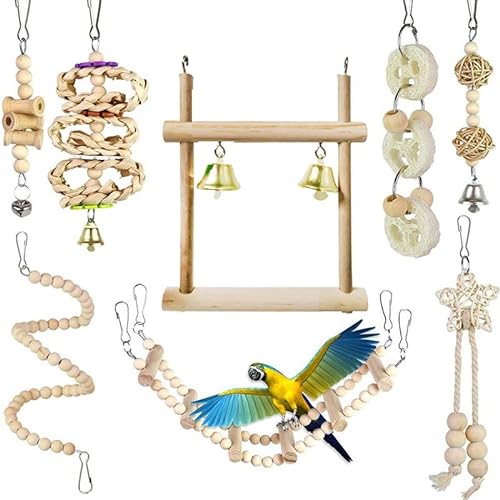 LEEVUS Vogelspielzeug, 8-teiliges Set, Vogel, Papageien, Schaukel, Hängespielzeug, Naturholz, Glocke, Vogelkäfig, Spielzeug für Sittiche, Nymphensittiche von LEEVUS