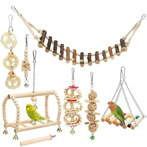 Vogelspielzeug-Set aus Holz, für Papageien, Leiter, Training, Vogelspielzeug, Schaukelball, Glocke, stehend, 10-teiliges Set von LEEVUS