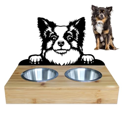 Lefevre Paris • Schüsselhalter für Hunde und Katzen aus Metall und Holz. 2 Edelstahlschüsseln im Lieferumfang enthalten. Nahrung/Wasser. Länge 350 mm, Höhe 258 mm. Chihuahua von LEFEVRE PARIS