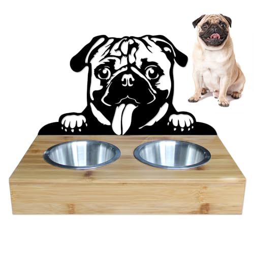 Lefevre Paris • Schüsselhalter für Hunde und Katzen aus Metall und Holz. 2 Edelstahlschüsseln im Lieferumfang enthalten. Nahrung/Wasser. Länge 350 mm, Höhe 258 mm. Mops von LEFEVRE PARIS