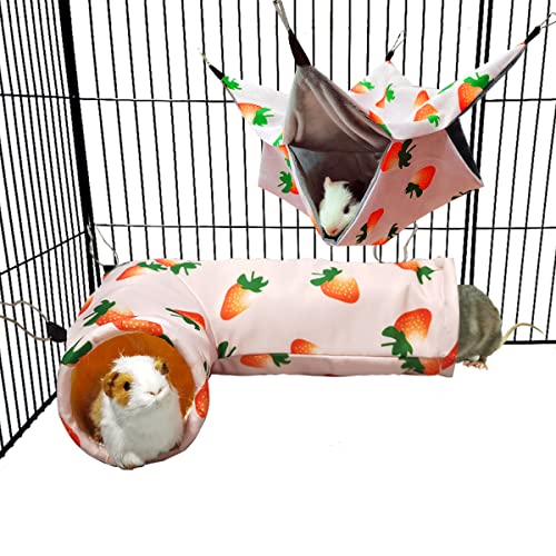 LEFTSTARER Meerschweinchen-/Ratten-Ecktunnel und Röhren, Etagenbett-Hängematte, Versteck für kleine Haustiere, Igel, Schweinchen, Hamster (2. Hängematte und Tunnel, Erdbeere) von LEFTSTARER