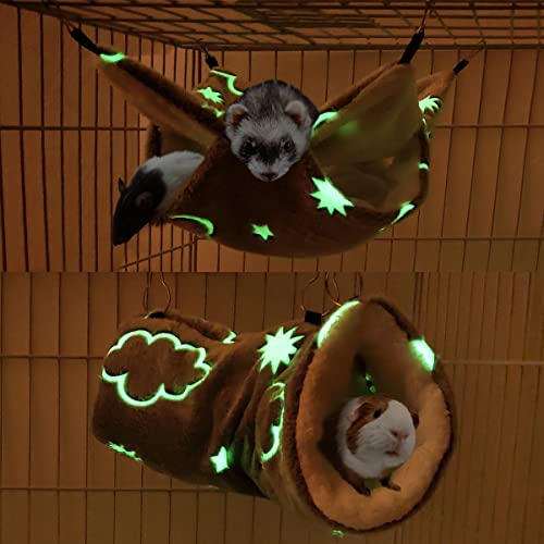 LEFTSTARER Nachtleuchtende leuchtende Meerschweinchen Ratten Hängematte Hängetunnel und weiche Bettmatte für Frettchen Igel Eichhörnchen Versteck Käfig Zubehör (1.Tunnel und Stockbett-Hängematte) von LEFTSTARER
