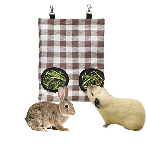 Meerschweinchen Kaninchen Heu Futtertasche für Käfig, Häschen zum Aufhängen von Heufutterstation Aufbewahrung, Kleintiere, 600D Oxford-Gewebe, kaufest wasserdicht (2. Plaid Kaffee) von LEFTSTARER