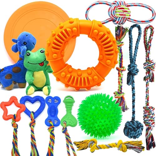 LEGEND SANDY Kauspielzeug für Welpen, Kauspielzeug für Welpen, 14 Stück, Welpenspielzeug für kleine Hunde, quietschendes Spielzeug für Hunde, Gummiball, Seilspielzeug, langlebiges Haustierspielzeug von LEGEND SANDY