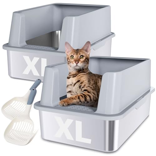 LEGOURNS Katzentoilette aus Edelstahl, 60 x 40 x 30 cm (Höhe), XL-Katzentoilette mit Deckel, leicht zu reinigen, antihaftbeschichtet, extra groß, hohe Seiten, Metall-Katzentoilette mit Deckel und von LEGOURNS