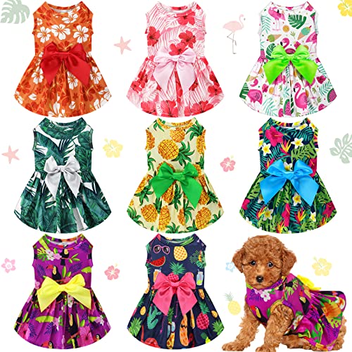 LEIFIDE 8 Stück Sommer Thema Hawaii Hundekleider Urlaub Hundekleid Flamingo Obst Blumenmuster Haustier Röcke Hawaii Welpen Prinzessin Kleider Outfits Schleife Welpen Kleider für Mädchen Hunde Katzen Strand (XS) von LEIFIDE