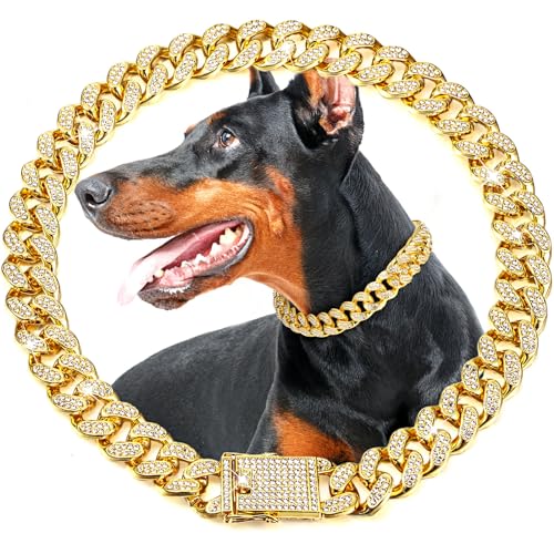 LEIFIDE Hundehalsband, goldfarben, 20 mm breit, Diamant-Halsband, große Hundehalskette, Metall, Haustier-Kristall-Halsband, Schmuckzubehör für mittelgroße und große Hunde (45,7 cm) von LEIFIDE