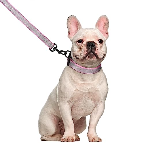 Hundegeschirr-Halsband, 1.5 m, reflektierend, verstellbar, kein Ziehen, Hundegeschirr mit Sicherheitsverschluss, einfache Kontrolle, für kleine, 2 Stück (glitzerndes Halsband + Leine), Größe L-Rosa von LEKAIGO