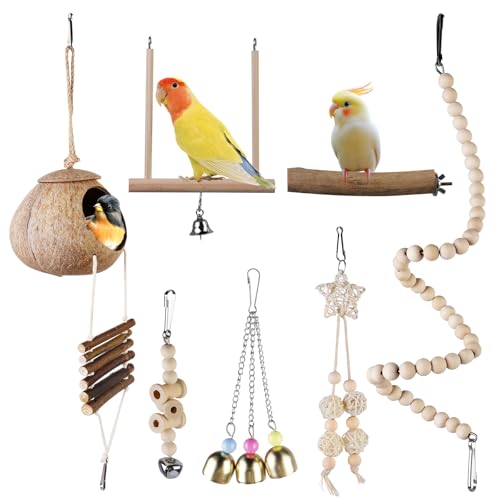 LEKEFETO 7-TLG. Naturholz Vogelspielzeug-Set mit Kletterleiter, Hängematte & Papageienzubehör - Leicht zu installieren für Wellensittiche und Sittiche von LEKEFETO