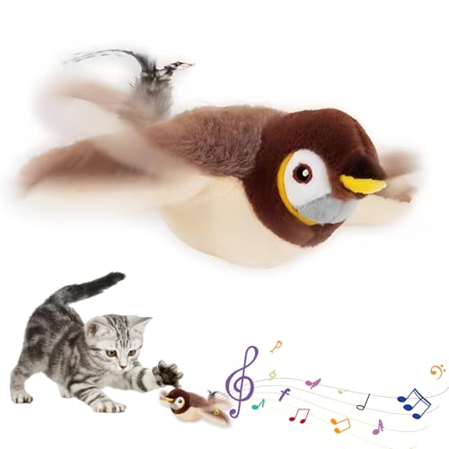 LEKEFETO Interaktives Katzenspielzeug mit Vogelstimmen & Katzenminze | Elektrisch Fliegender Vogel Spielzeug | USB-Aufladbar & Abnehmbar Design (24x23x6cm) von LEKEFETO
