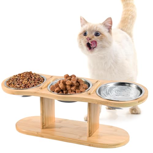 LEKEFETO Katzennapf Erhöht: Futterstation Katzen mit 3 Edelstahl Schüsseln, Futternapf Katze Erhöht Höhe Verstellbar mit Holz Ständer, Erhöhter Fressnapf und Wassernapf für Katzen und kleine Hunde von LEKEFETO