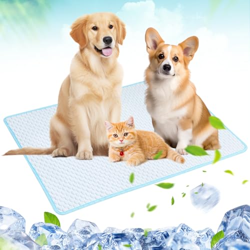 LEKEFETO Kühlmatte für Hunde und Katzen, Selbstkühlende Hundematte, Waschbare Kühldecke für Haustiere, Große L Kühlkissen für Drinnen, Draußen und Auto (Blau, 80x60cm) von LEKEFETO