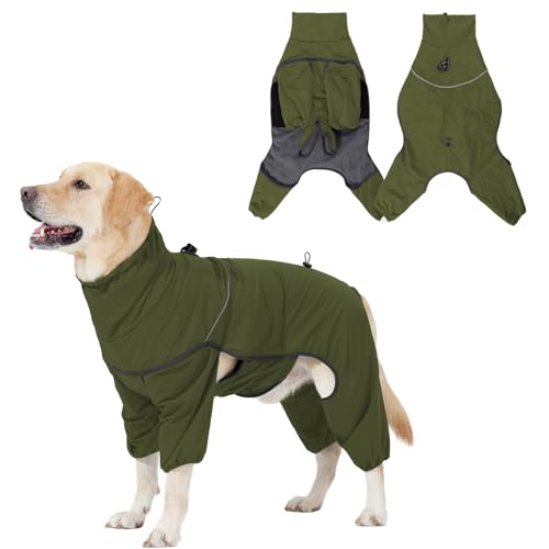 Hundemantel Wasserdicht Winddicht Hundejacke Hunde Wintermantel Hunde Jacken mit Gewinde Reflektierende Streifen Warm Hunde Fleecemantel für Hund Indoor & Outdoor Camping Wandern (Armeegrün, L) von LELEWANGLUO