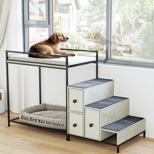 LEMBERI Haustier-Etagenbett mit Treppe und Stauraum, Fensterstange für Hunde/Katzen, Nachttisch-Lounge, erhöhtes Hundebett, mehrstufige Plattform mit Schaumstoffpolsterung (Grau) von LEMBERI