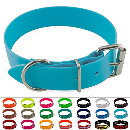 LENNIE BioThane Halsband, Edelstahl-Rollschnalle, 38 mm breit, Größe 59-69 cm, Cyan/Türkis, Aufdruck möglich von LENNIE