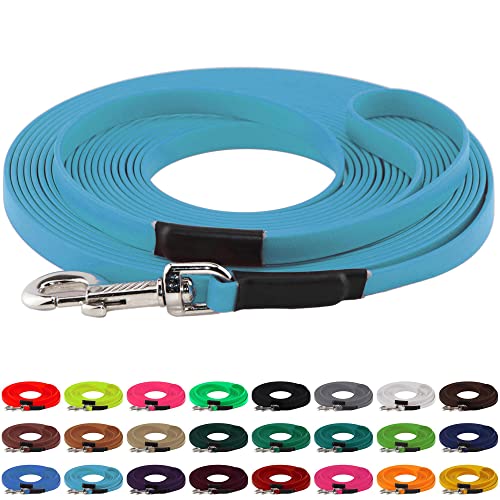 LENNIE BioThane Schleppleine, 13mm, Hunde 15-25kg, 15m lang, mit Handschlaufe, Cyan/Türkis, genäht von LENNIE
