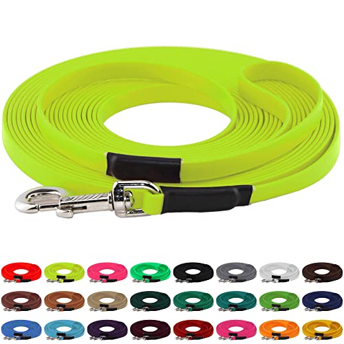 LENNIE BioThane Schleppleine, 13mm, Hunde 15-25kg, 15m lang, mit Handschlaufe, Neon-Gelb, genäht von LENNIE