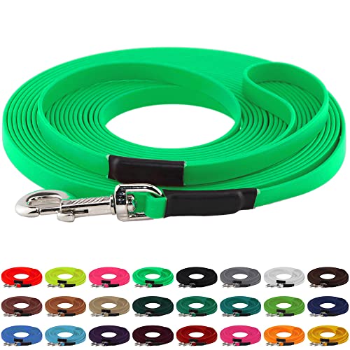 LENNIE BioThane Schleppleine, 13mm, Hunde 15-25kg, 15m lang, mit Handschlaufe, Neon-Grün, genäht von LENNIE