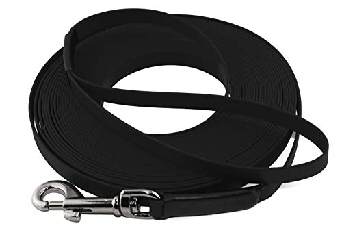 LENNIE Leichte BioThane Schleppleine, 19mm, Hunde ab 35kg, 10m lang, mit Handschlaufe, Schwarz, genäht von LENNIE