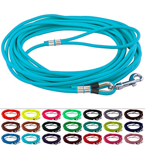 LENNIE Runde BioThane Schleppleine für Hunde ab 25kg, Ø 8mm, 15m lang, mit Handschlaufe, Cyan/Türkis von LENNIE
