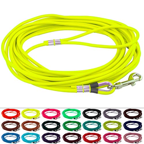 LENNIE Runde BioThane Schleppleine für Hunde ab 25kg, Ø 8mm, 15m lang, mit Handschlaufe, Neon-Gelb von LENNIE