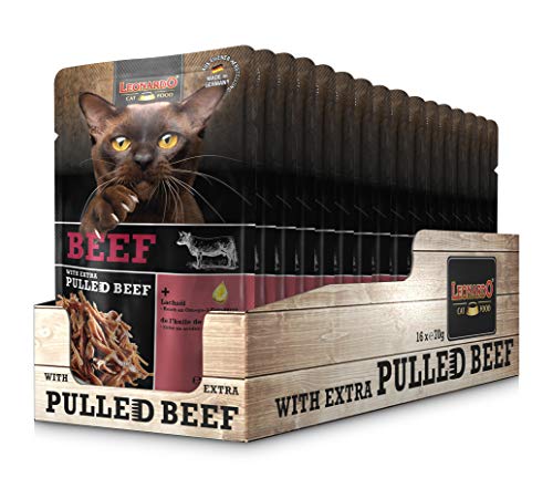 Leonardo Frischebeutel [16x70g Beef mit Fleischstreifen] Pulled Beef | Getreidefreies Nassfutter für Katzen | Alleinfuttermittel Katzenfutter von Leonardo