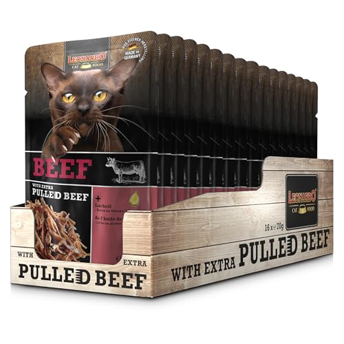 Leonardo Frischebeutel [16x70g Beef mit Fleischstreifen] Pulled Beef | Getreidefreies Nassfutter für Katzen | Alleinfuttermittel Katzenfutter von LEONARDO HOME