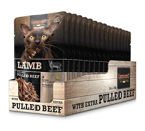 Leonardo Frischebeutel [16x70g Lamb mit Fleischstreifen] Pulled Beef | Getreidefreies Nassfutter für Katzen | Alleinfuttermittel Katzenfutter von Leonardo