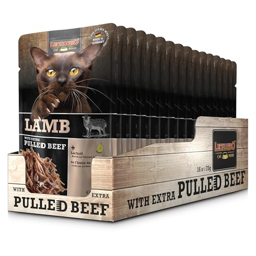 Leonardo Frischebeutel [16x70g Lamb mit Fleischstreifen] Pulled Beef | Getreidefreies Nassfutter für Katzen | Alleinfuttermittel Katzenfutter von Leonardo