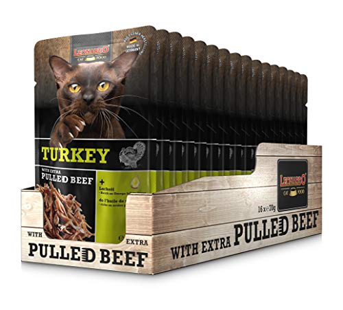 Leonardo Frischebeutel [16x70g Turkey mit Fleischstreifen] Pulled Beef | Getreidefreies Nassfutter für Katzen | Alleinfuttermittel Katzenfutter von Leonardo