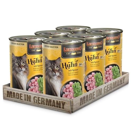 LEONARDO Katzen Nassfutter Superior Selection, Huhn mit Spinat, 6x400g Dose, für ausgewachsene Katzen, getreidefrei, ohne Zucker, Made in Germany von Leonardo