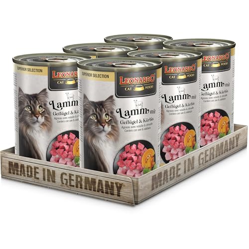 LEONARDO Nassfutter, Superior Selection, Lamm mit Geflügel & Kürbis, 6x400g Dose, für ausgewachsene Katzen, getreidefrei, ohne Zucker, Made in Germany von Leonardo